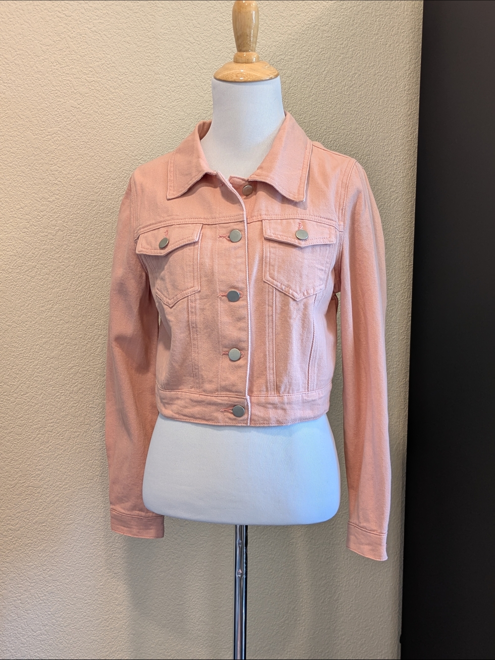 Allegra K Pink Cropped Denim Jacket XS Button Front NWT